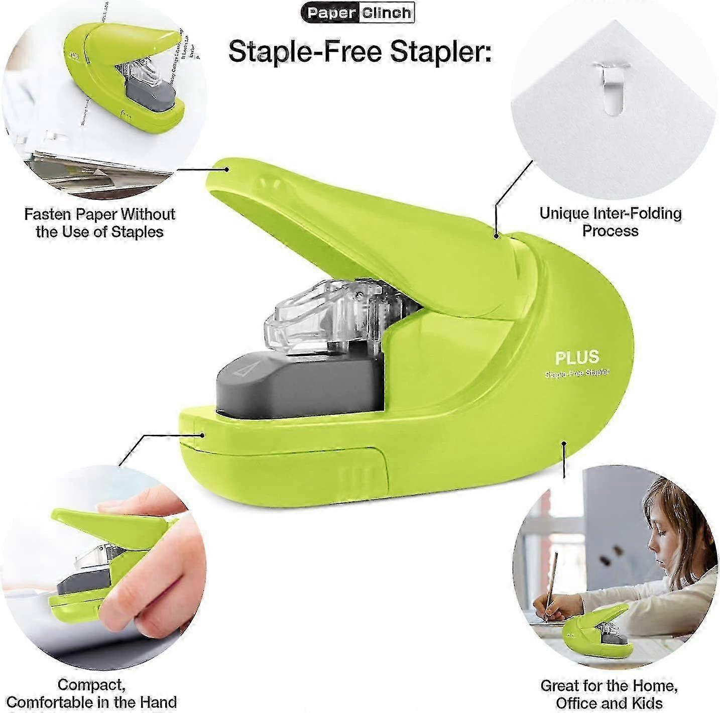 AURA Stapleless Stapler, Paper Clinch, 5 Sheets Green