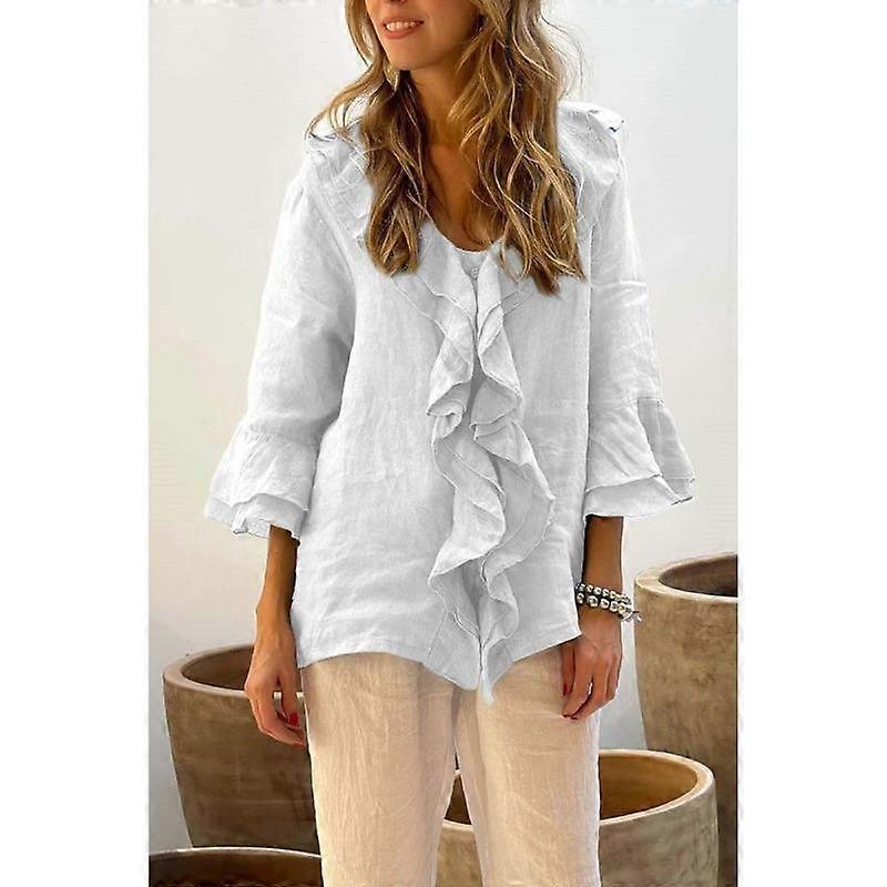 Spring and Autumn Women's Plus Size Solid Color V-Neck Seven Flying Sleeve Ruffle Single Row Multi-button Curved Hem Shirt