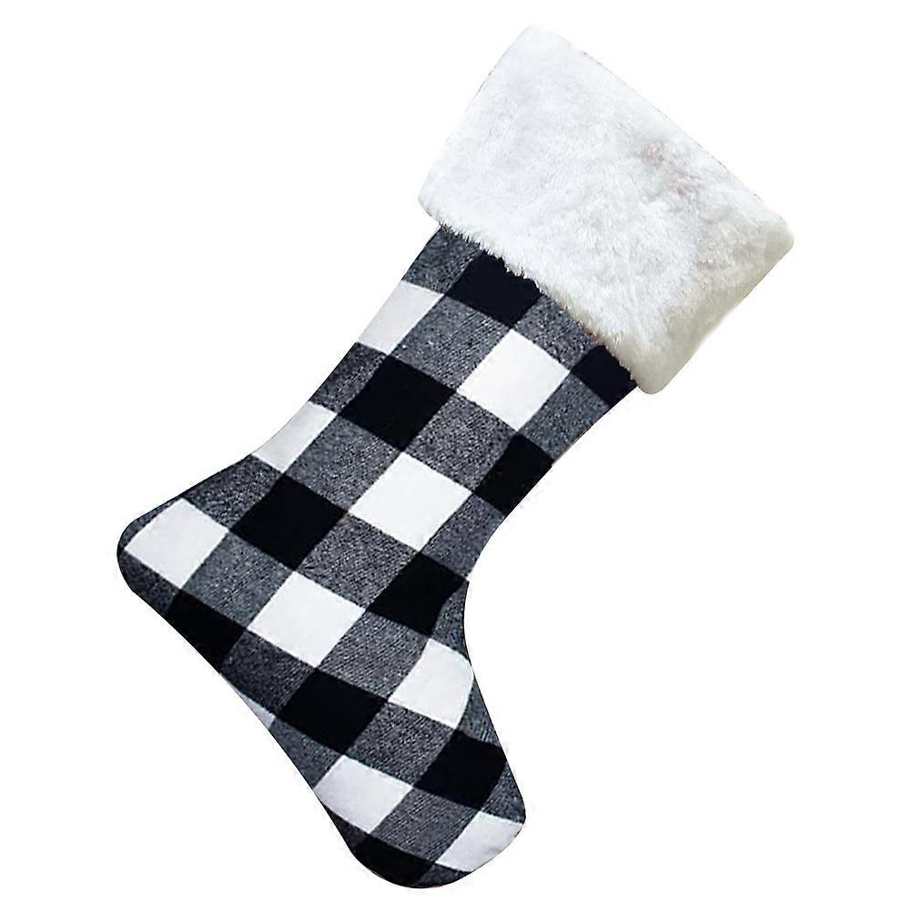Hanging Pouch Classic Christmas Stocking Gift Holder in White Simple Grid Style for Parties 1Pc
