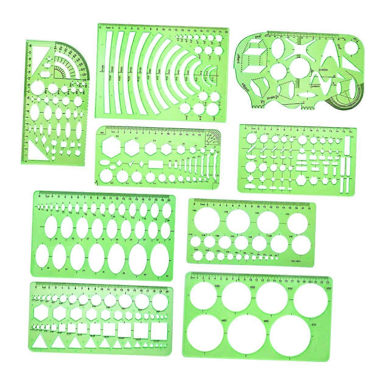 1 Set Geometric Drawing Template Rulers for Technical Drawings and Art Design, Transparent Plastic Stencils for School and Office, Light Green