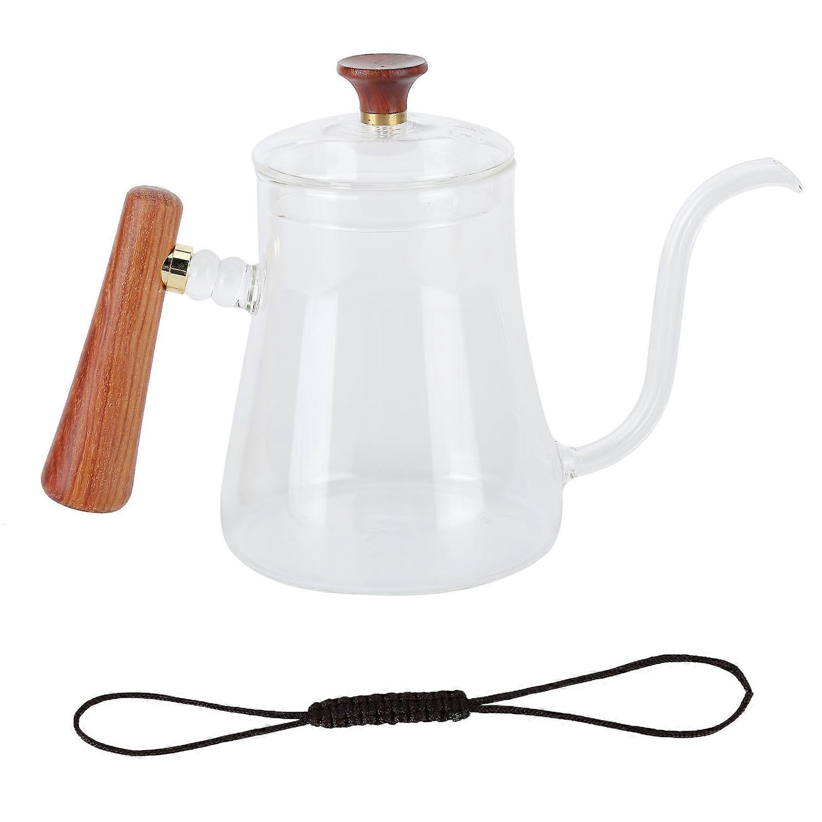 Heat-resistant borosilicate glass coffee kettle with round wooden insulated handle, 600ml gooseneck teapot