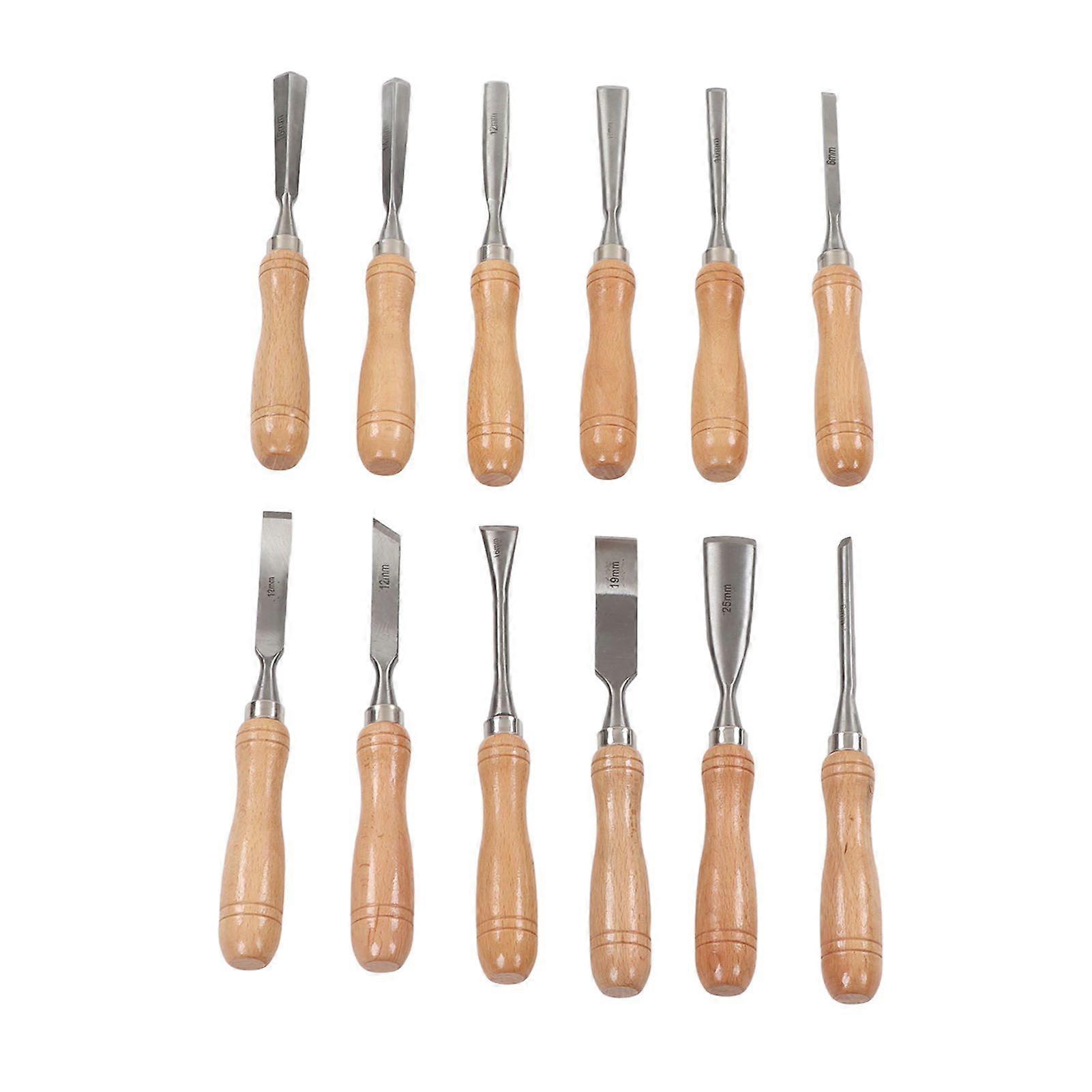 12Pcs Hand Chisels Beech Handle Carbon Steel Blade Incisive Carving Chisel Kit for Woodworking