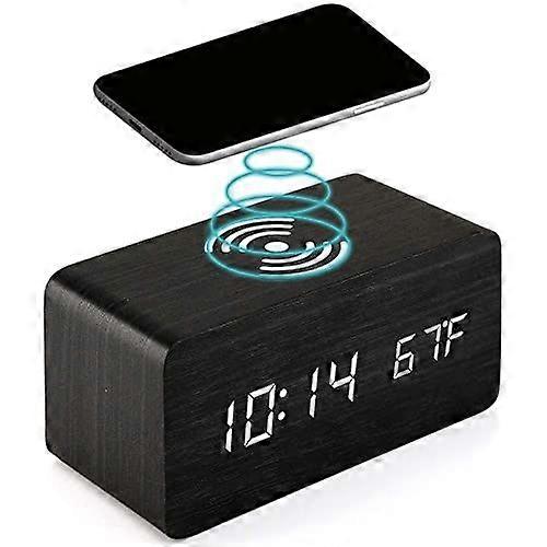 Wooden digital alarm clock with wireless charging 3alarms Electronic LED with temperature time display 3 levels of adjustable brightness(Black)