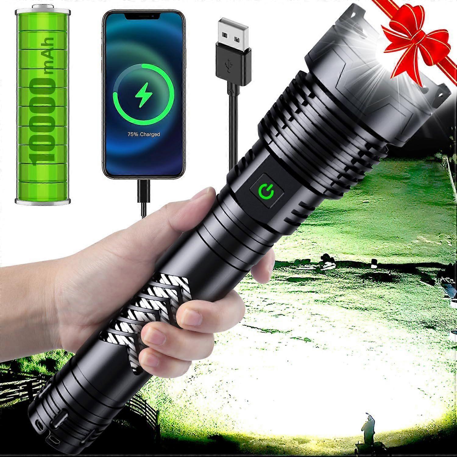Super Bright LED Flashlight, 6000 High Lumens Rechargeable Flashlights with Long Handle(Black)