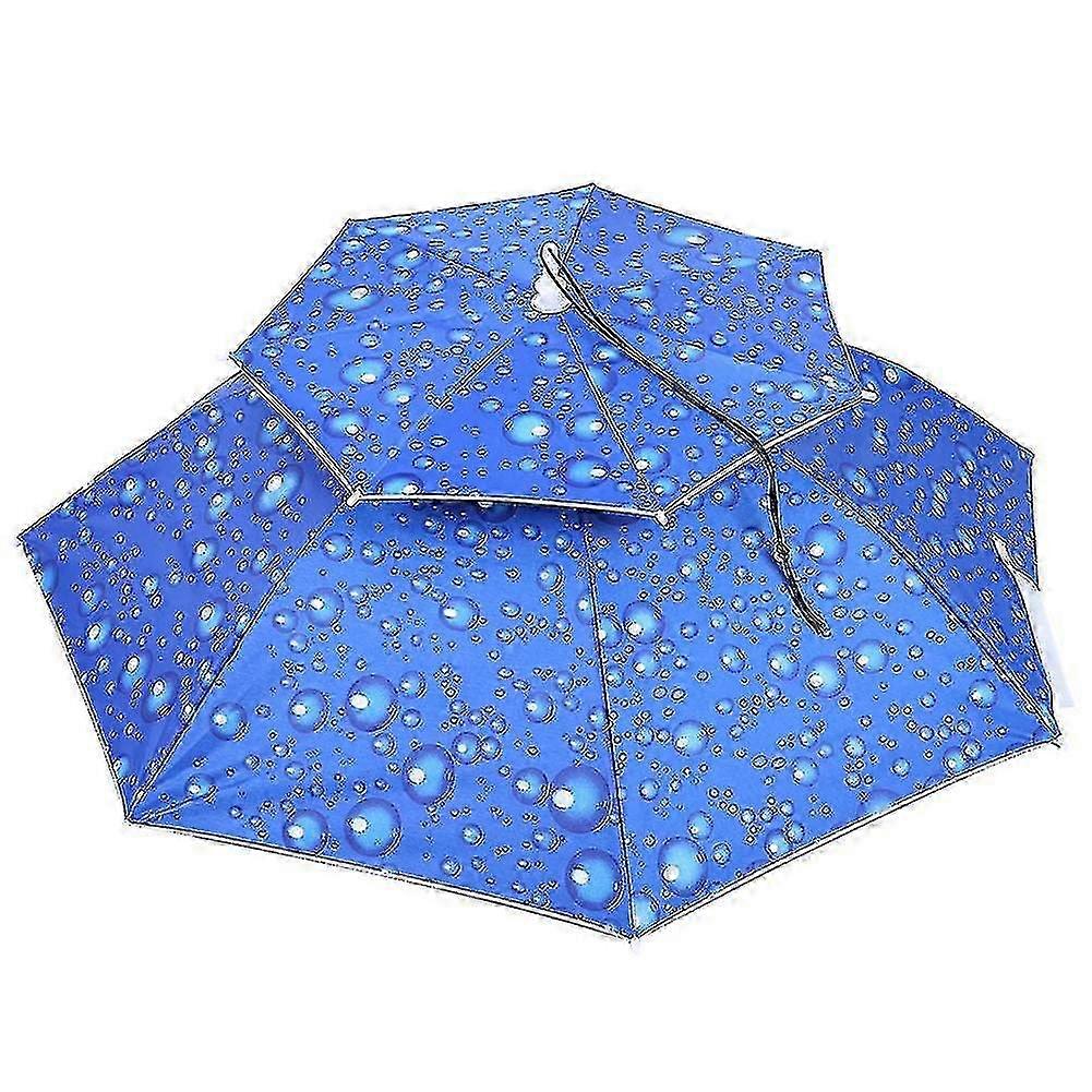 Sunscreen & Windproof Head Mounted Folding Hat Umbrella - 77cm, Raindrop Blue