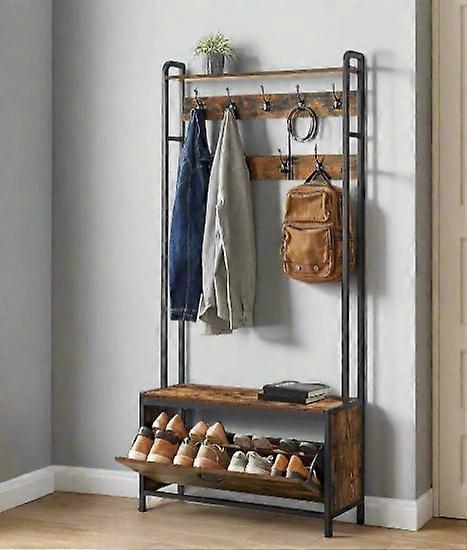 Hall Tree With Bench, Shoe Storage, 9 Hooks, Top Shelf, Industrial Coat Rack For Hallway, Rustic Brown