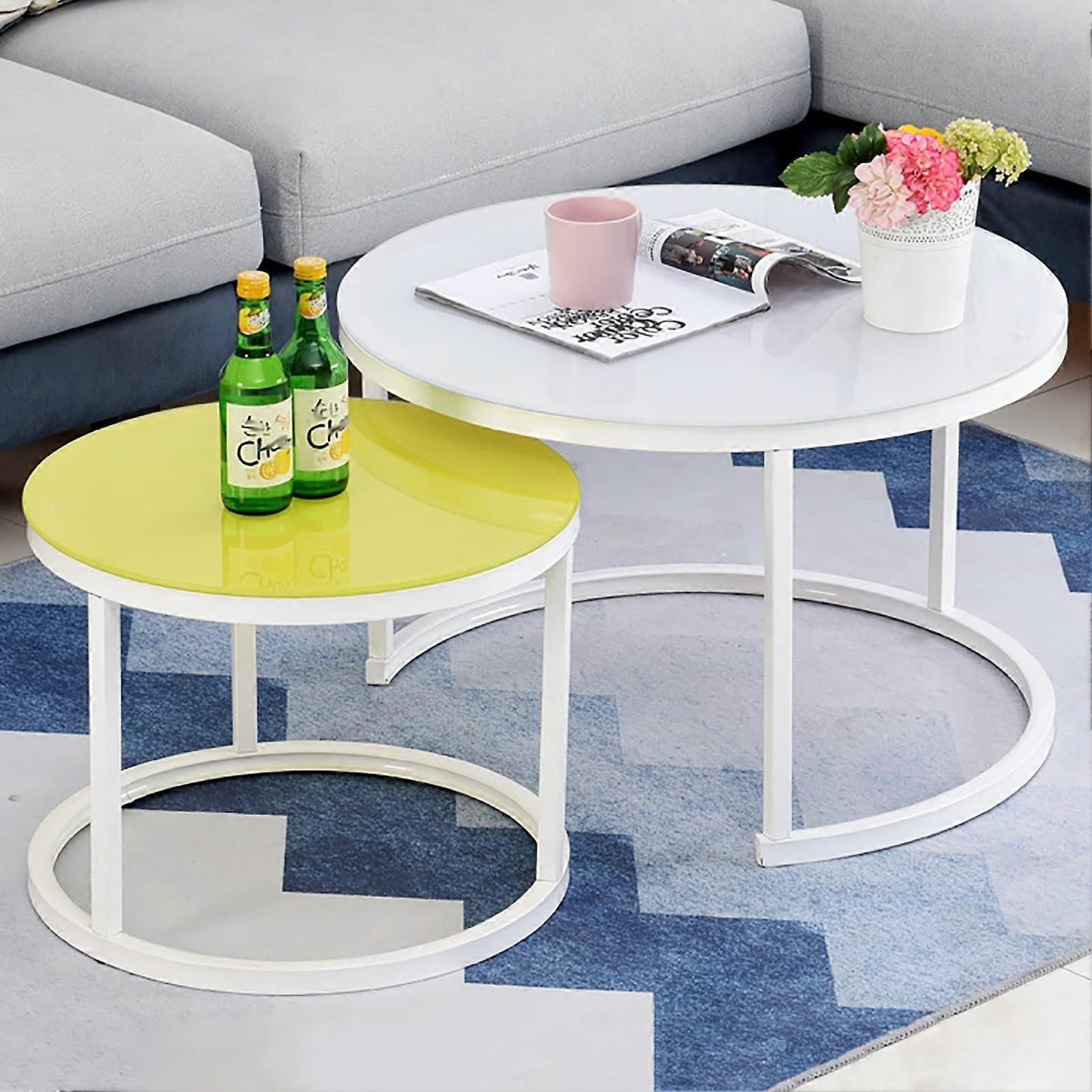 Modern Round Nesting Coffee Table Set With Tempered Glass  Steel Frame White And Yellow For Living Room Or Balcony
