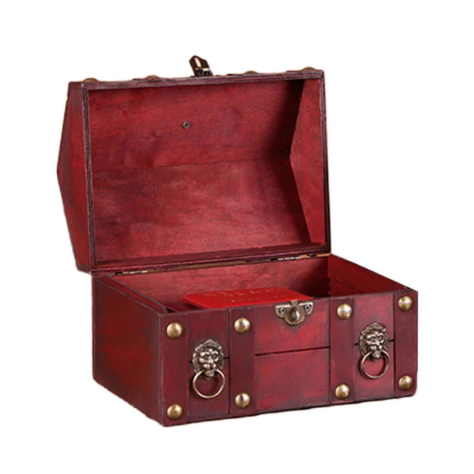 Classical Antique Lock Wooden Storage Container Handcrafted Design Dateless Home Organization Storage Container  Red