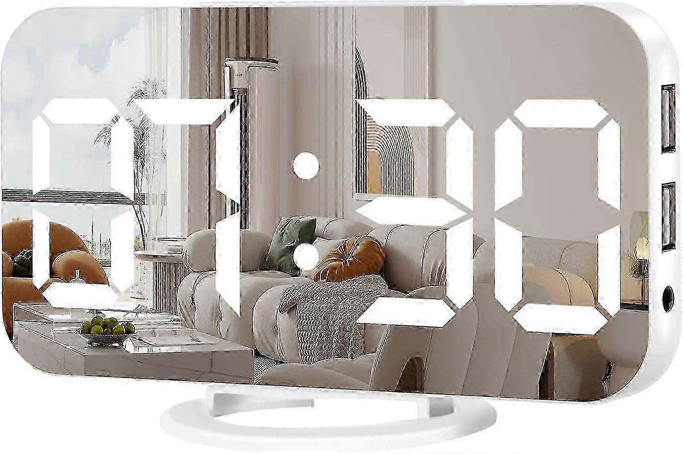 e Alarm Clock Large Display LED And Mirror Desk Clock With Dual USB Charger Ports