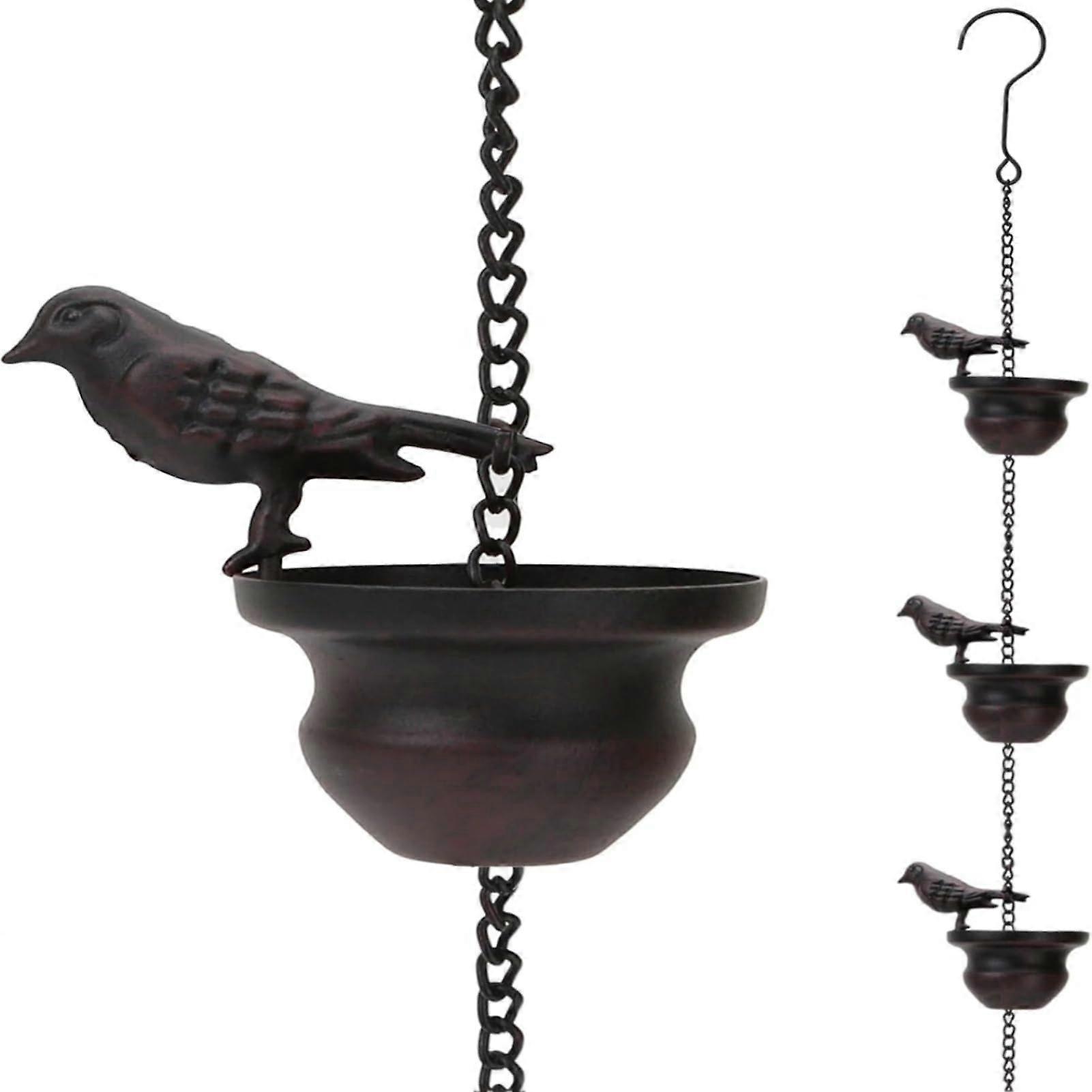 Outdoor Rain Chain with Vintage Bird Design, 5.5ft Dark Bronze Gutter Downspout Water Catcher