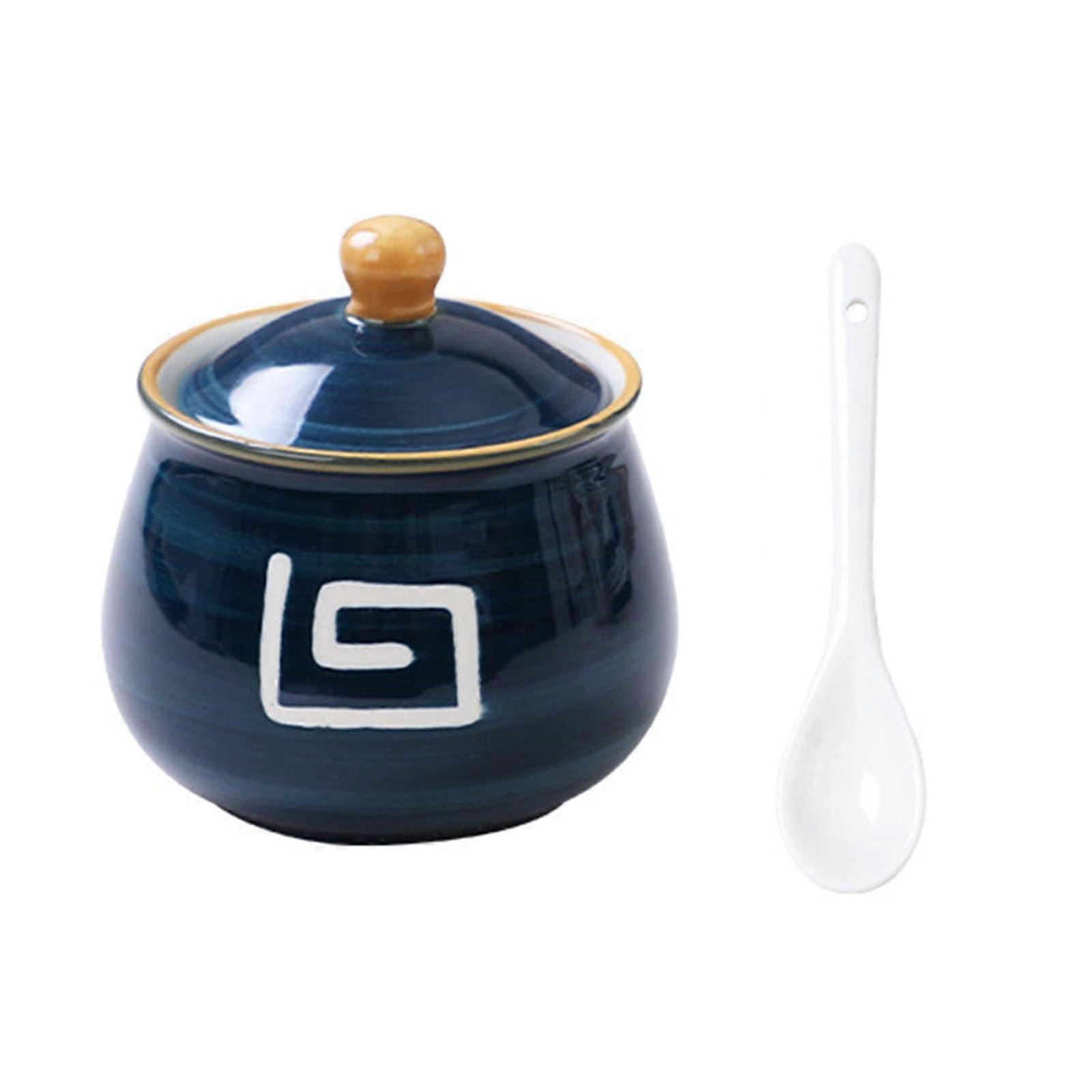Ceramic Salt Cellar with MoistureProof Lid and Spoon for Kitchen Countertop Spice Storage 320ml