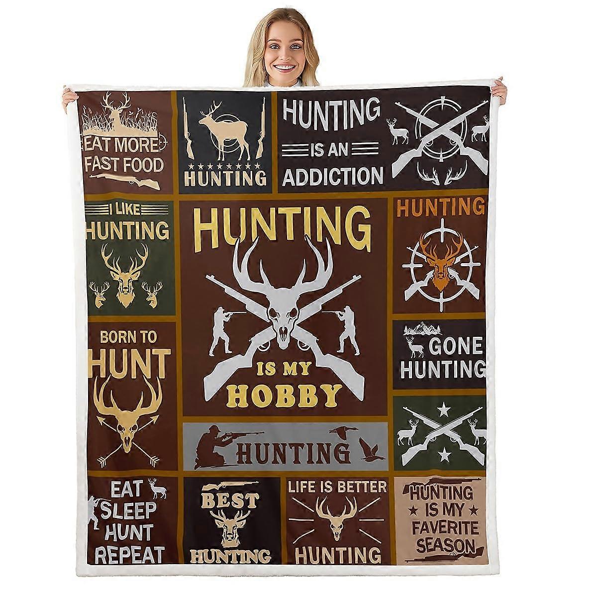 Queen Size Deer Sherpa Blanket Hunting Theme Ultra Soft Fleece Throw for Bed Sofa AllSeason Warmth