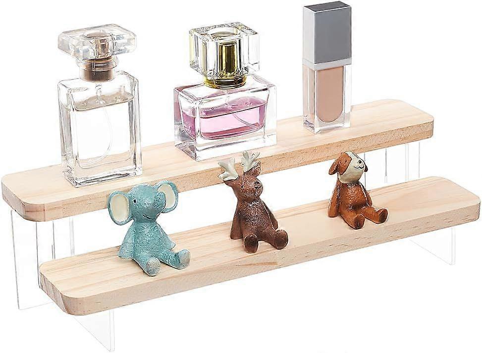 11x4x3 Inch Wood Acrylic Display Stand Blanched Almond 2-Tier Figure Display Stand Ladder Display Shelf Rack for Models Building Blocks Desserts Figur