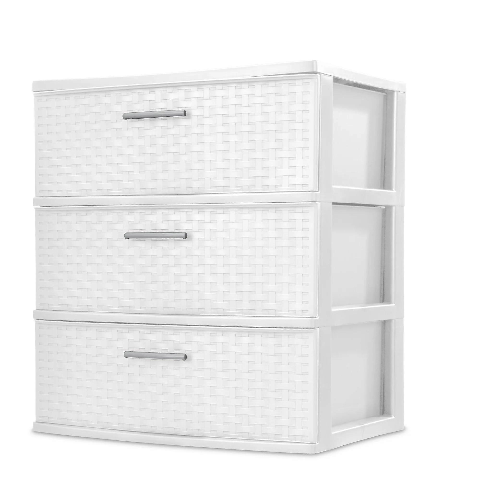 3 Drawer Plastic Storage Tower with Stylish Weave Pattern and Easy Pull Handles for Bedroom Office