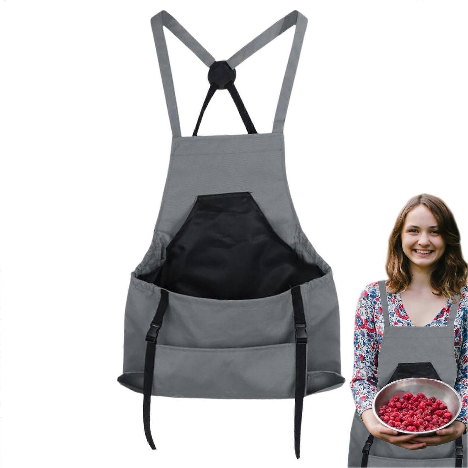 Waterproof Gardening Apron with Large Capacity Pockets, Crossover Back, Adjustable Fit, Gray