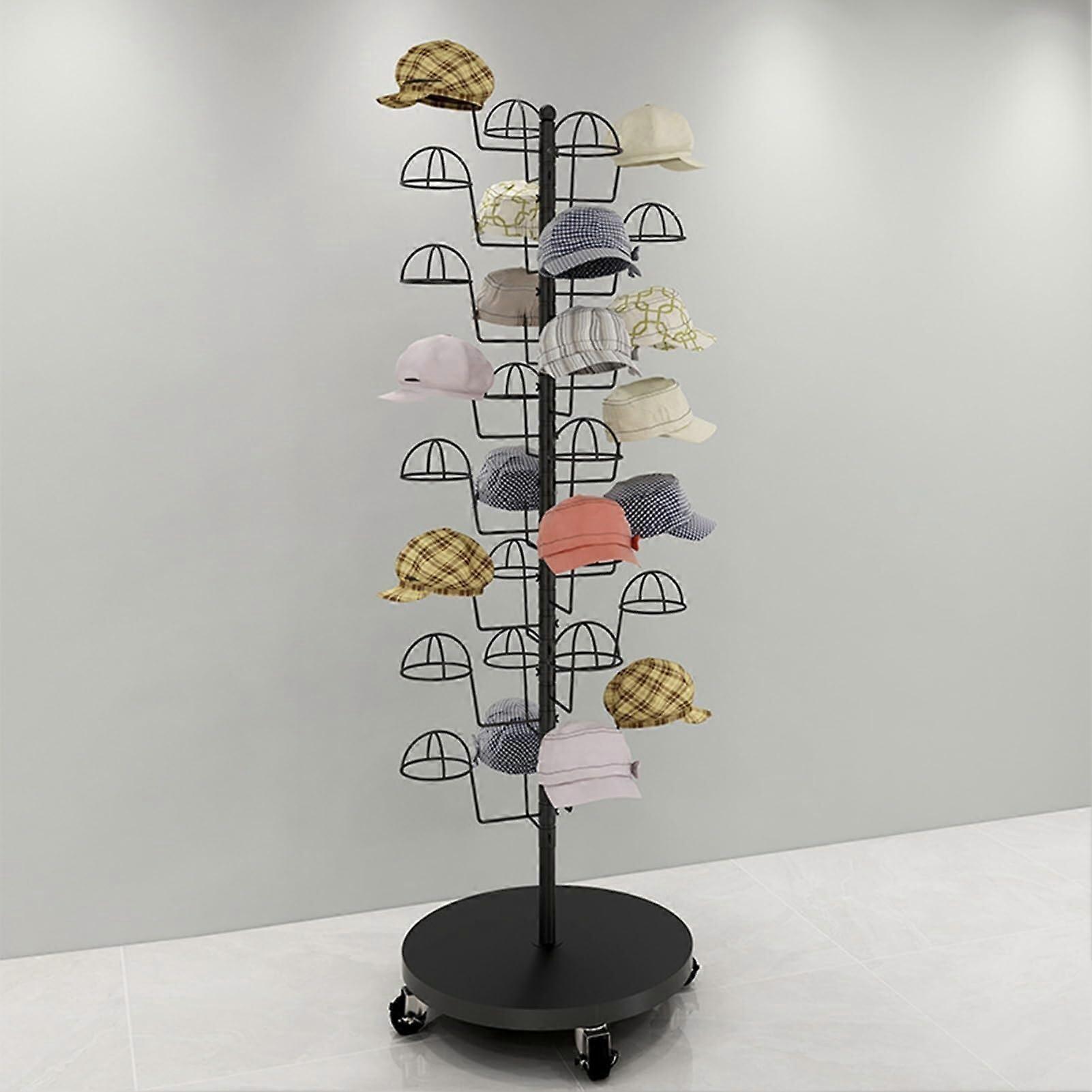 Hat Display Stand Metal Rotating Rack with Wheels Adjustable Height Large Capacity for 15 Hats