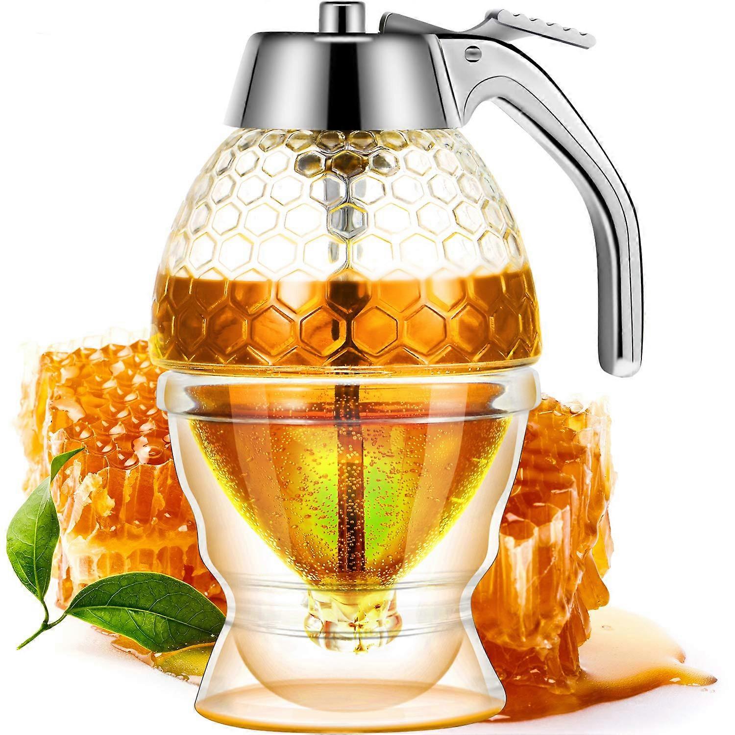 Honey Dispenser with Stand, NoDrip Acrylic Syrup Pourer for Kitchen Use