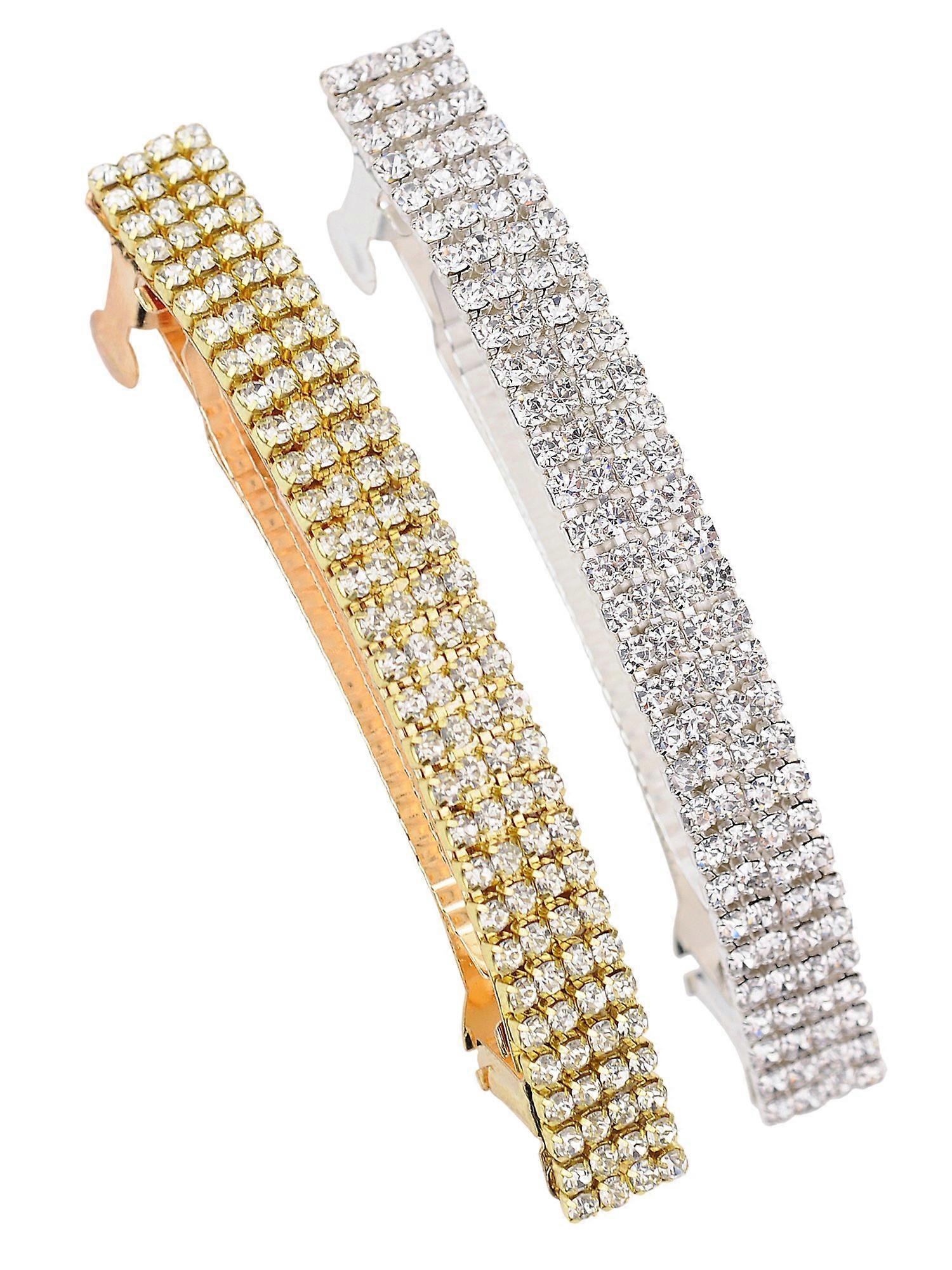 Hair Barrette Set Gold and Silver Rhinestone 4 Row with Adjustable ThreeLevel Locking Insert 2 Pack