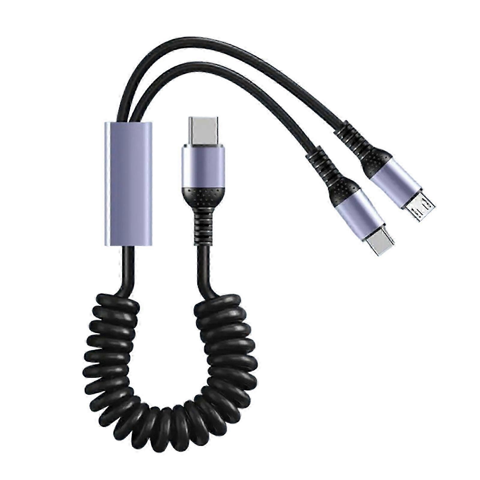 2 in 1 MicroUSB & Type C Car Charging Cable with Stretchable Spring Charging Data Cable for Multiple Devices