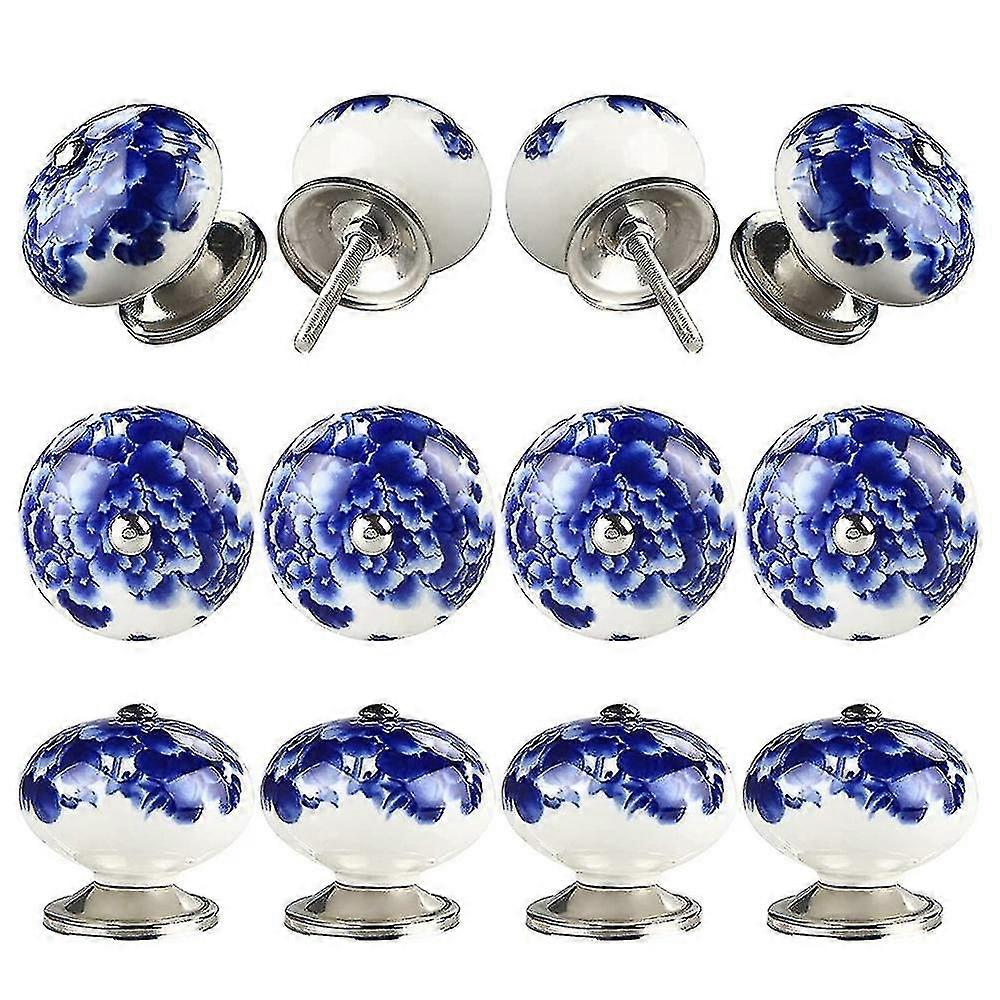 12pcs Handmade Ceramic Door Knobs For Cupboards Cabinet Blue On White