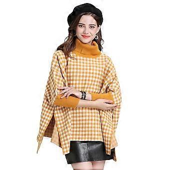 Yellow Plaid Turtleneck Wraps Shawls Loose Cardigan Warm Cape for Lady