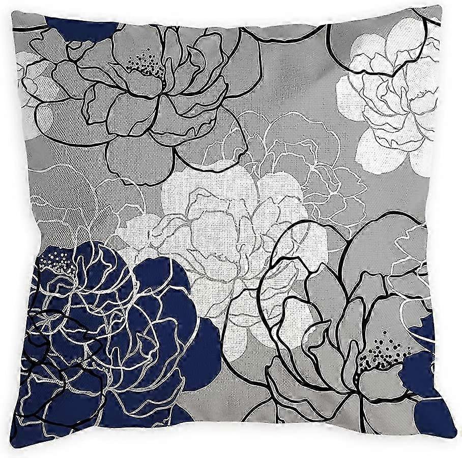 Navy Gray Linen Pillow Covers Set