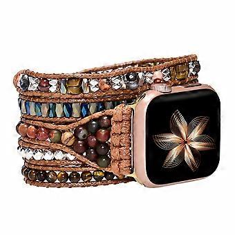 Handmade Braided Watch Band, 5-Layer Adjustable, Tiger Eye Natural Stone Charm, Bohemian Brown Rope