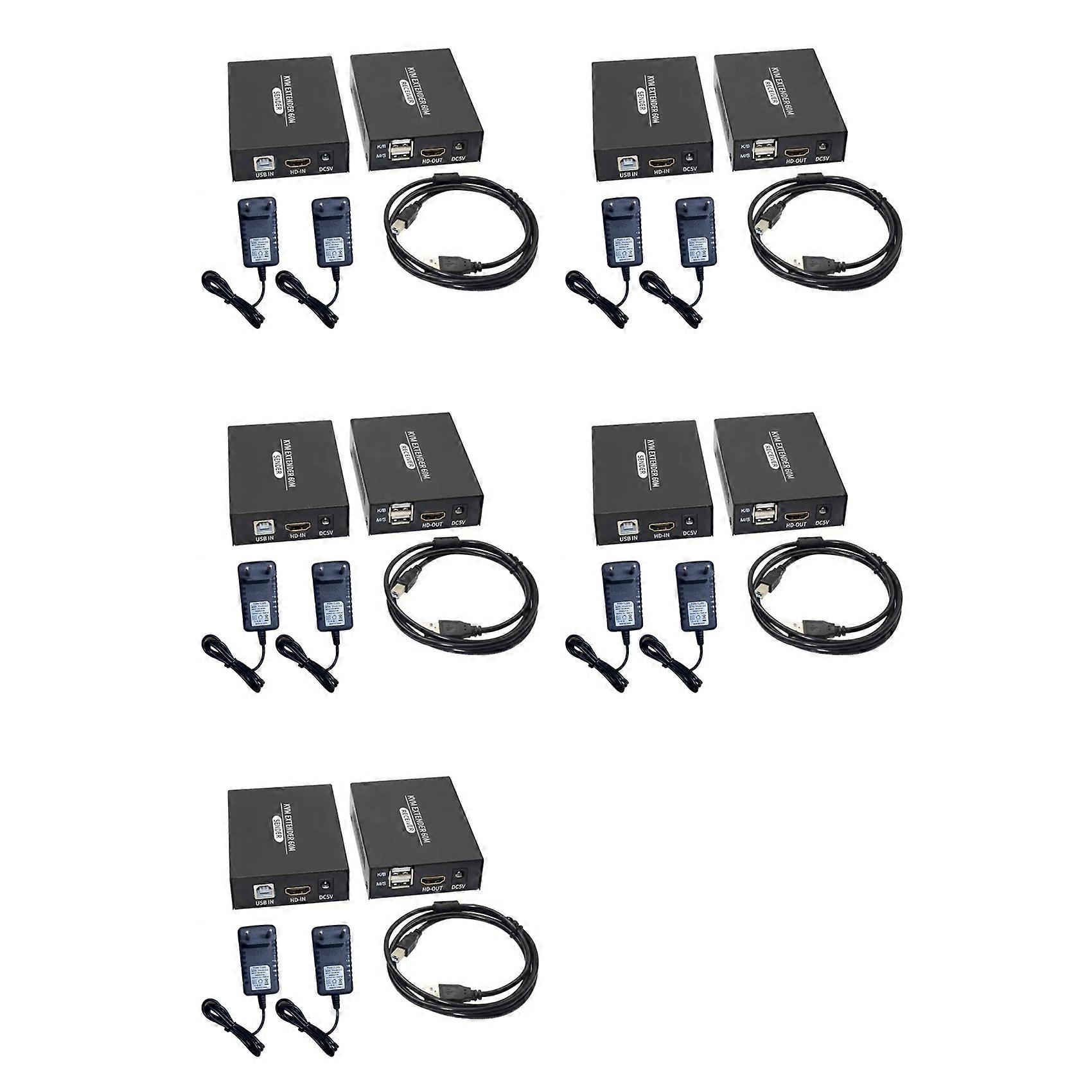 5pcs 60M HDMI-Compatible KVM Extender HDMI-Compatible USB KVM Ethernet Extender Transmitter Receiver EU Plug