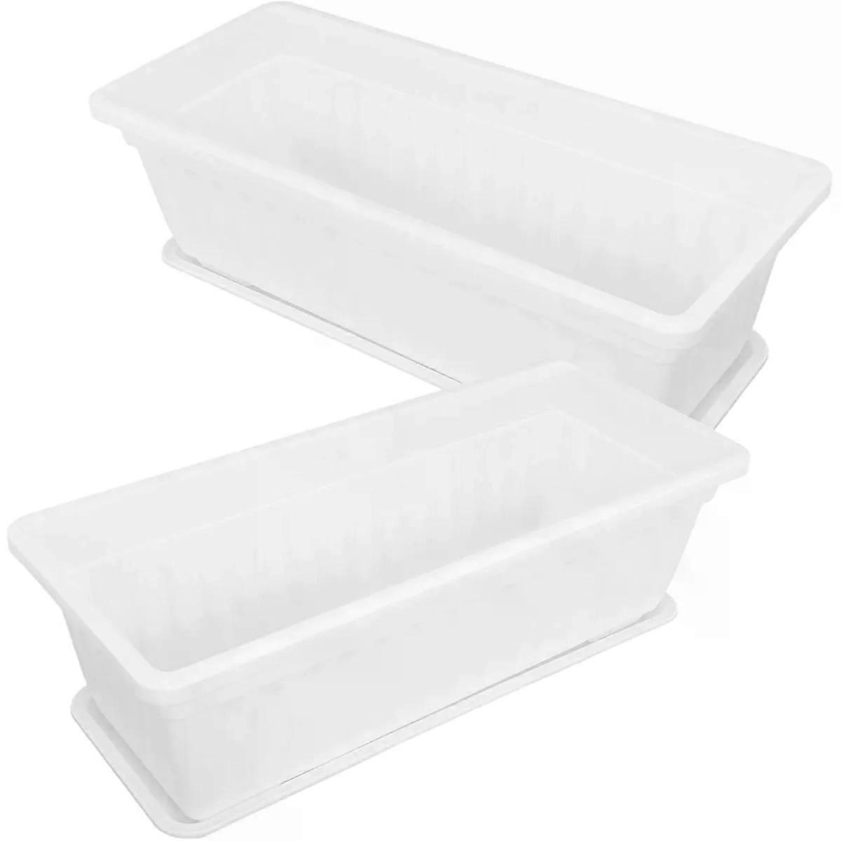 2 Pack Rectangular Plastic Planters with Tray, White Gardening Pots