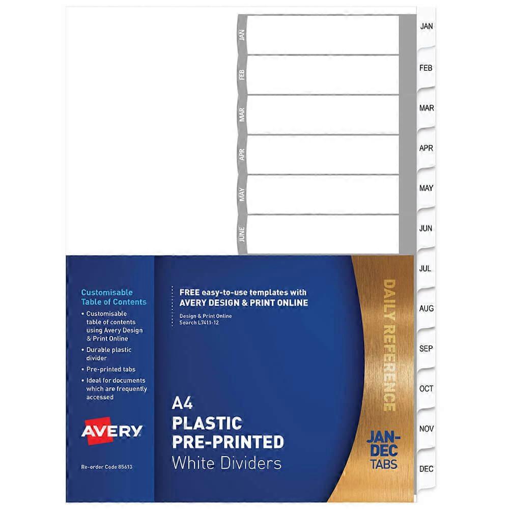 JAN-DEC TAB Avery Plastic Pre Printed Dividers A4 White Durable Polypropylene