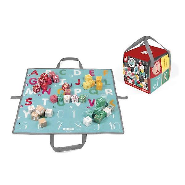 Janod Kubix - 40 Letters and Numbers Wooden Blocks with Play Mat