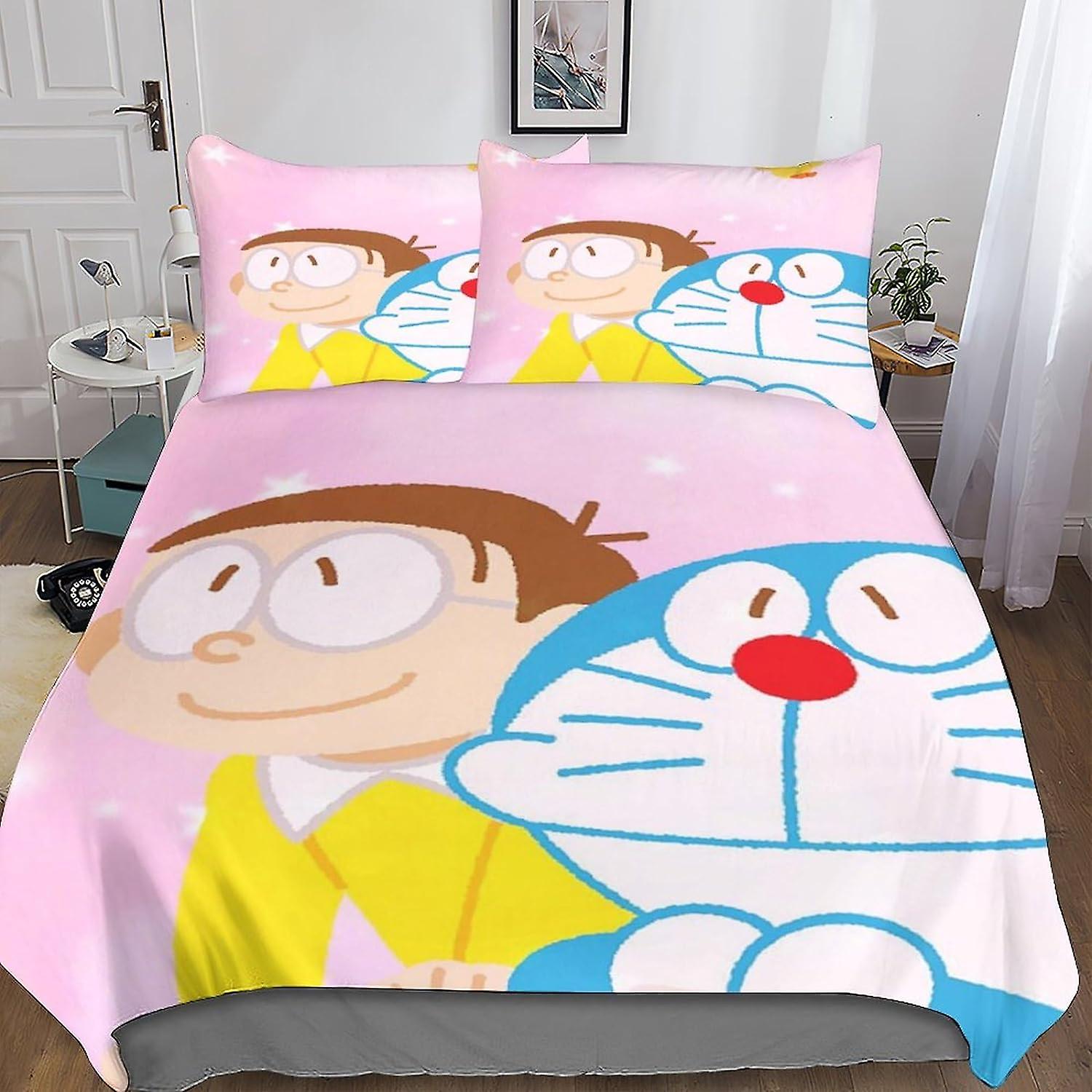 EKENOZ 3 stycken Doraemon påslakan, 3D tecknad tryckt sängkläder, örngott, dold dragkedja, mikrofibertäcke, för barn, ungdomar och vuxna