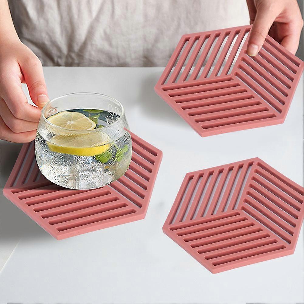 4Pcs Hexagonal Stripe Heat Insulated Table Mats 8cm Red Coasters