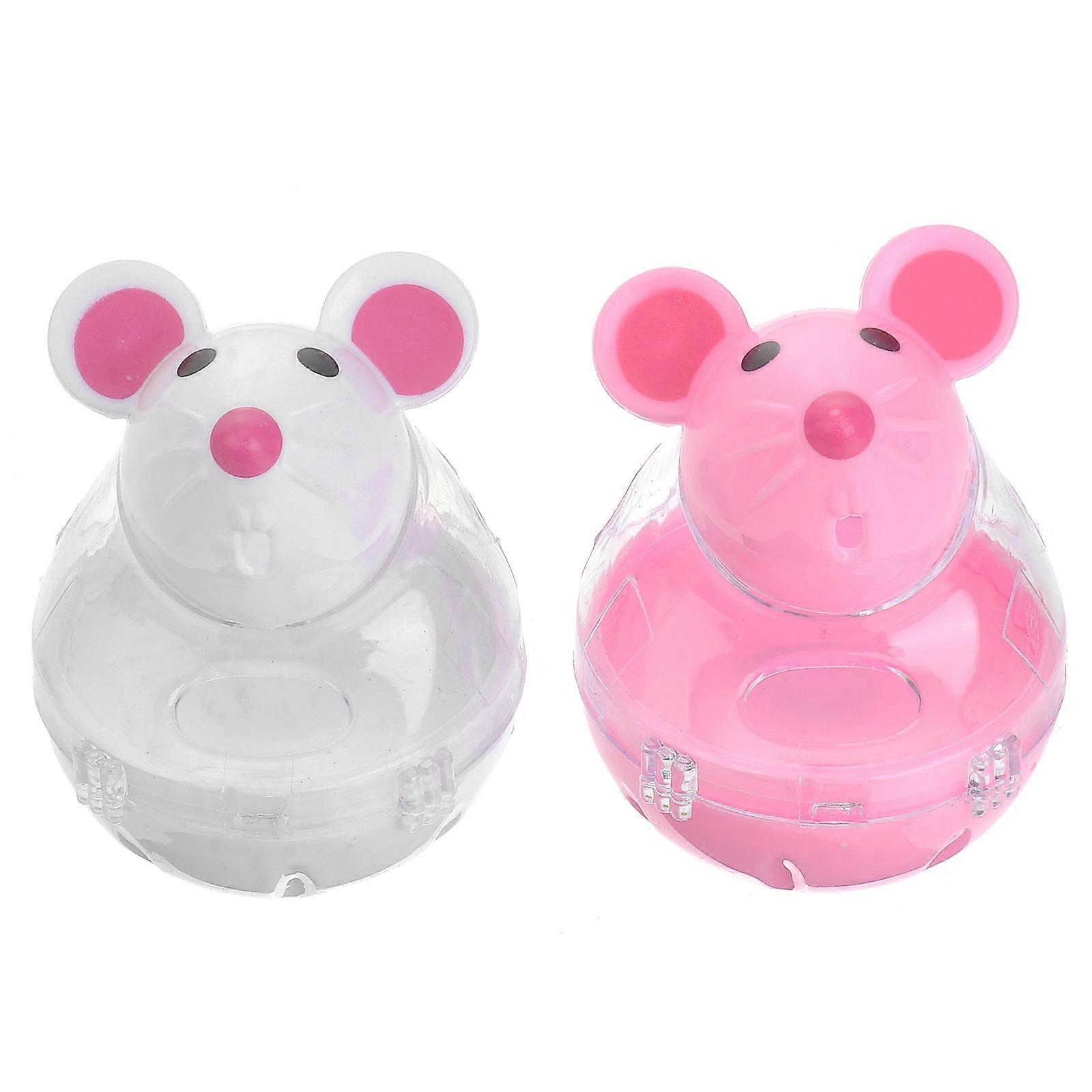 2pcs Pet Feeder Food Automatic Leakage Snack Dispenser Artificial False Mice Mouse Shape Pattern Tumbler Rolling Toy For Cat (White and Red)