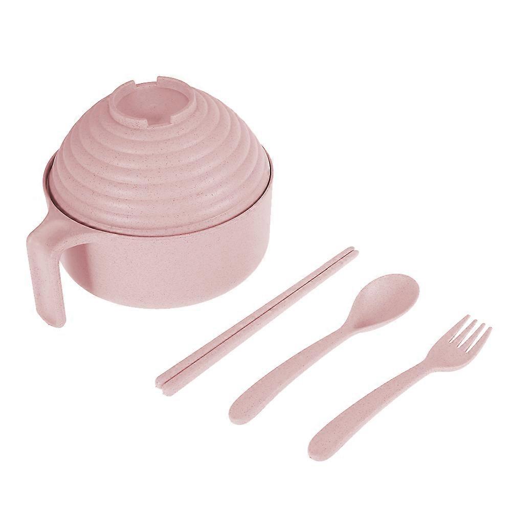 Wheat Straw Pot Set with Chopsticks Fork Spoon Bowl Tableware for Students Dorms (Pink)