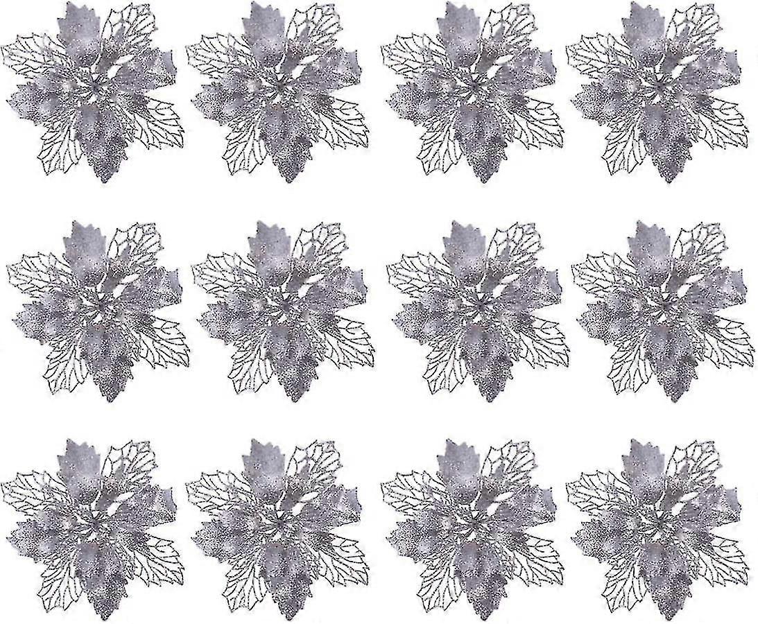 Glittering Magenta Christmas Artificial Flowers Christmas Tree Flower Decoration Ornament Christmas Tree Charm Christmas Garland Filler (silver) (12pc