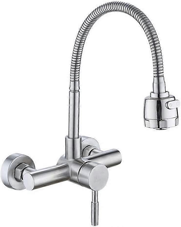 حنفيات مطبخ مثبتة على الحائط قابلة للدوران 360 درجة مع رشاش حوض دوار مدمج في الحائط خلاط مياه ساخنة وباردة بمستوى واحد