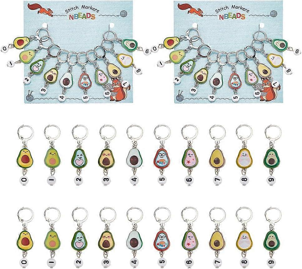 20 Pcs Avocado with Number Stitch Markers Alloy Enamel Crochet Stitch Marker Charms Locking Stitch Marker with Brass Leverback for Knitting Weaving Se
