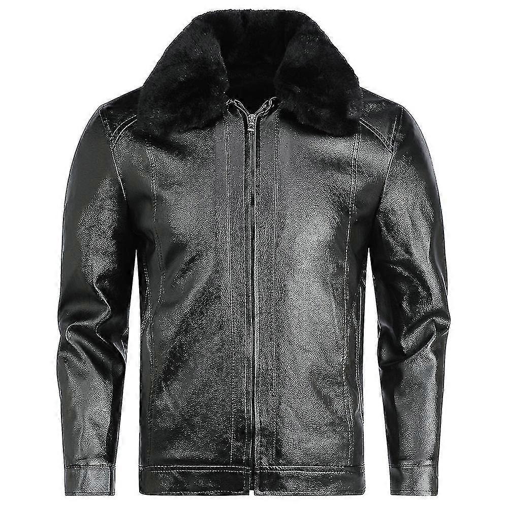 Mens Winter Solid Color Fur Collar Lapel Leather Jacket