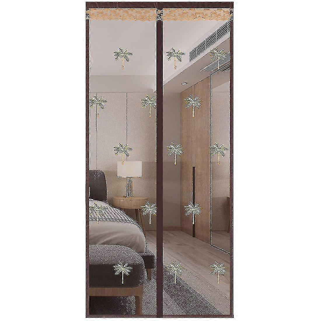 Digital Print Magnetic Fly Screen Door Assembly Free Anti Mosquito Mesh Curtain With Hanging Hook And Self Adhesive Tape Brown, Coconut Tree