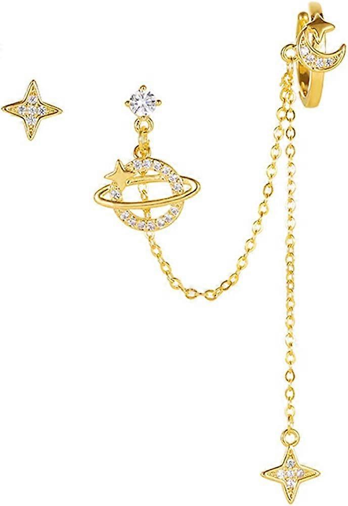 ムーンスターイヤーカフラップクリップオンクローラークライマーフープ925スターリングシルバーポストスタッドチェーンスレッダータッセル非対称イヤリング女性用ティーンガールズキュート