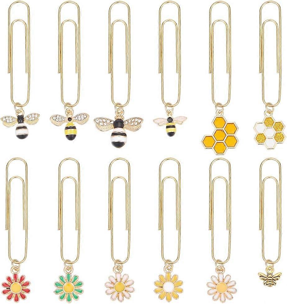 12Pcs Mixed Shape Bee Flower Planner Clips Colorful Paper Clips Set Golden Long Paper Clips Bookmark with Pendants Book Clips Accessories for Document