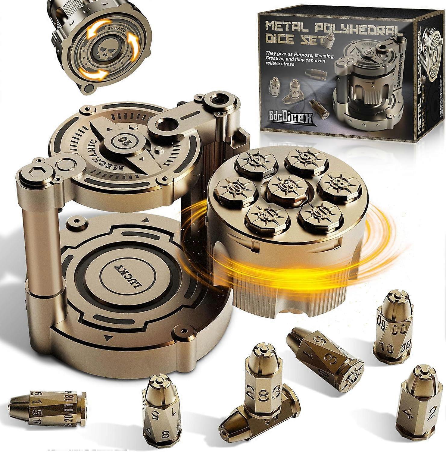 Metal Dice Set of 7, Rotatable Bullet Dice Set Revolver Storage Container, Rotating Fingertip Stress Relief Polyhedral Dice Set Toy, Metal Dice Set fo