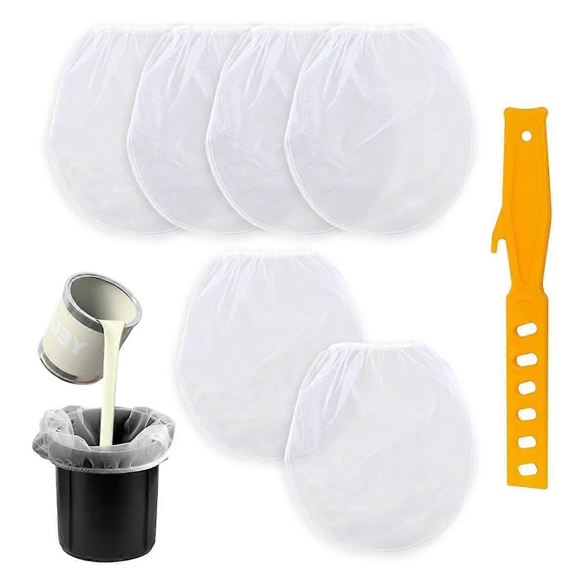 6pcs Paint Filter Bag 5 Gallon, White Bucket Strainer Plastic Putty Knife Elastic Top Opening Paint