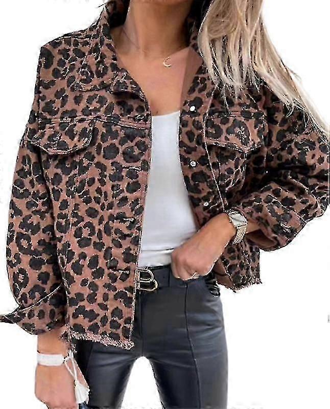 Women Denim Jacket Leopard Print Button-up Jacket