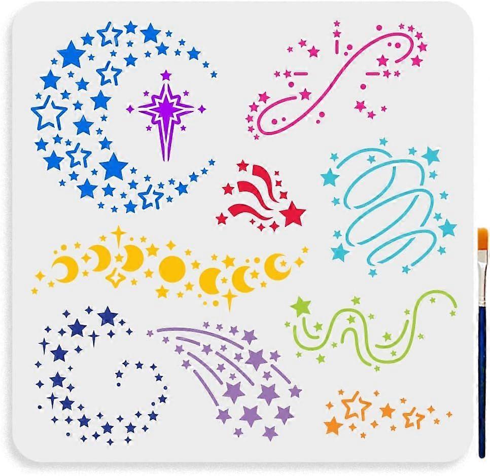 9 Styles Magic Stars and Moon Phases Stencil 11.811.8inch Magic Theme Template with Paint Brush Dreamy Dazzling Twinkle Stars Moon Drawing Stencil for