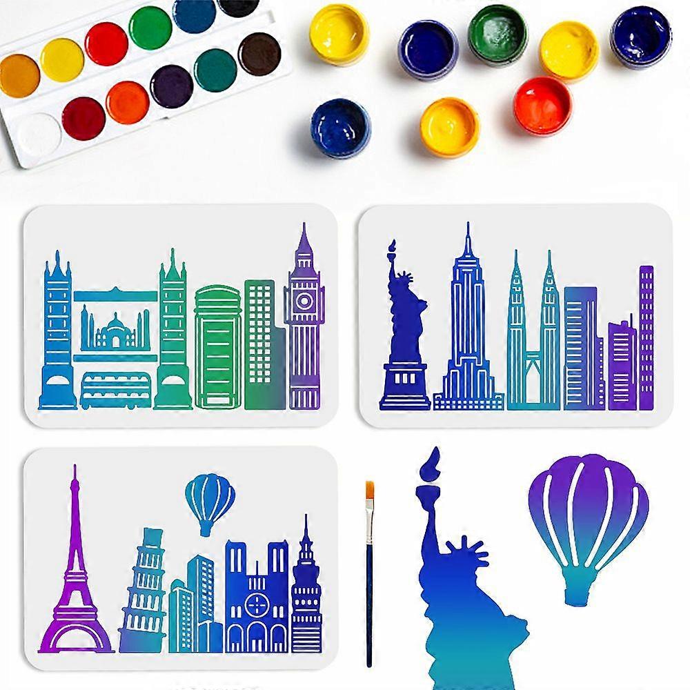 1 Set PET Hollow Out Drawing Painting Stencils with 1Pc Art Paint Brushes for DIY Scrapbook Photo Album Building 210x297mm 6pcs/set