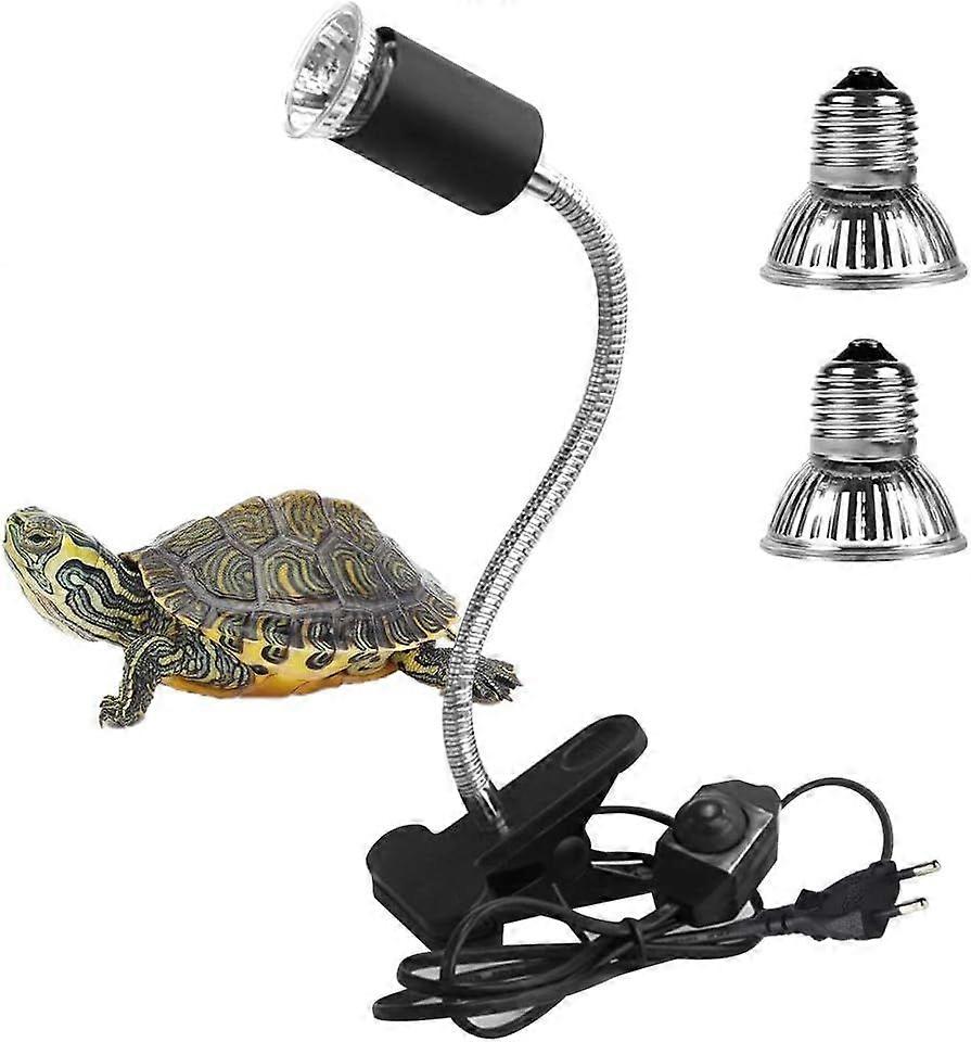 2 UVA UVB Bulbs 25W and 50W, Reptile Lamp Heated Tortoise Lamp with Long Base 360 Rotation for Reptiles and Amphibians [Energy Class A +]