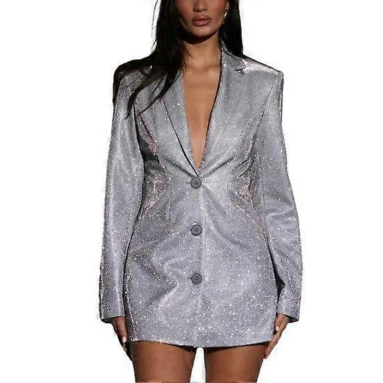 Women Suit Coat Dress Shiny Sequin Slim Fit Single-breasted Long Sleeve Deep V Neck Lapel Above Knee Length Formal Business Style Party Dress