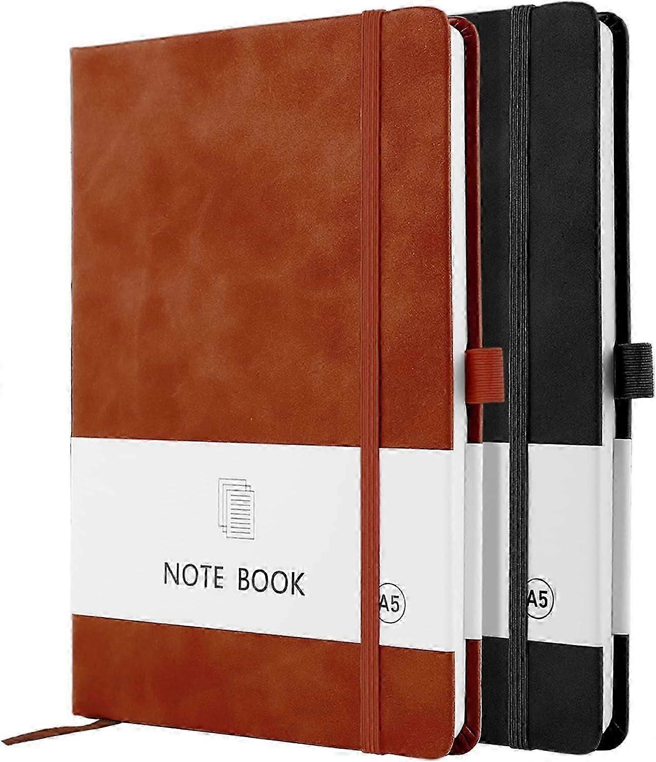 A5 Notebook, 2 Pack Notebook A5 200 Pages 100 GSM Journal Notebook Hardback Notepad with Bookmark, Pen Loop, and Elastic Closure (Black+Brown)